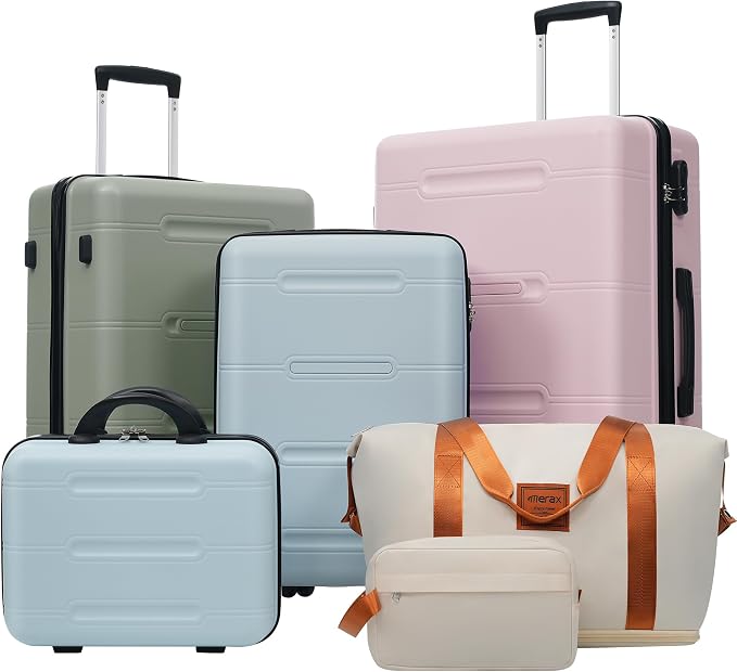 Merax Luggage Set 6 Piece,Lightweight Hardshell Suitcase with Wheels | 14 IN Cosmetic Case 20/24/28 IN Luggages with Handle Password Lock Duffel Bag and Toiletry Bag,Pink Green Blue by Merax