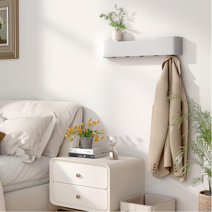 Wall Mounted Coat Rack with Shelf, Wooden Entryway Organizer with Hidden Metal Hooks for Hanging Coats Bags Keys, Modern Floating Shelf for Hallway Bathroom - Image 7