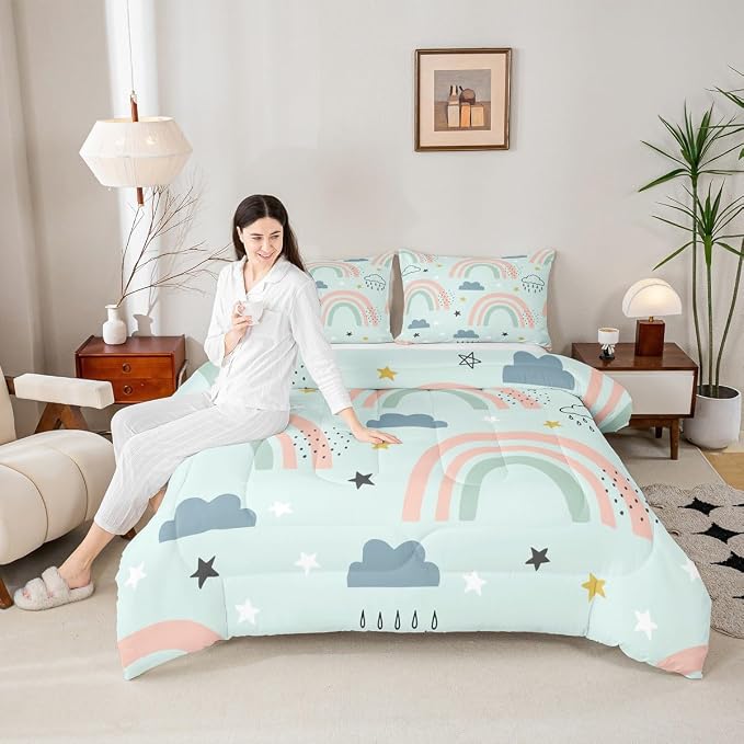 Rainbow Comforter Set For Girls, Cartoon Stars Cloud Quilt Kawaii Decor, Cute Rainbow Ripple Down Comforter For Kids Boys Child Women, Iridescent Stripes Bedding Set With 1 Pillow Case, Twin Size - Image 2