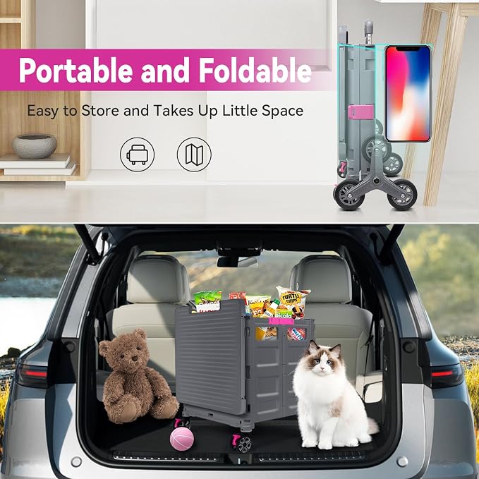 Foldable Utility Cart Portable Crate Rolling Dolly with Telescopic Handle,Can be Pulled diagonally, Magnetic Retractable Lid, 360°Swivel Climbing Wheels for Shopping Carrying Groceries Move Grey - Image 7