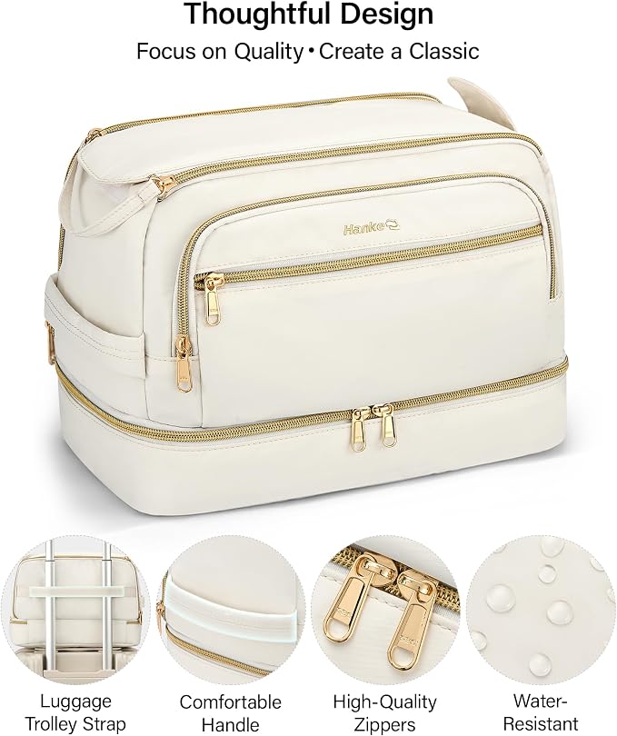 Hanke Travel Toiletry Bag, Lightweight Wide-open Makeup Bag, Dual-Layer Travel Bag for Toiletries Water-Resistant Cosmetic Bags Large Toiletry Bags for Women & Men, Travel Essentials, Off White - Image 8