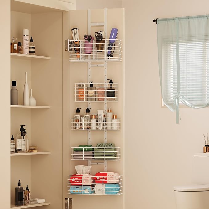 Yuyetuyo 5-Tier Over The Door Organizer Bathroom Shelves Hair Tool Organizer - Hair Dryer Holder Adjustable Height, DIY Bathroom Storage Shelf Wall Mounted Behind The Door Storage - Image 3