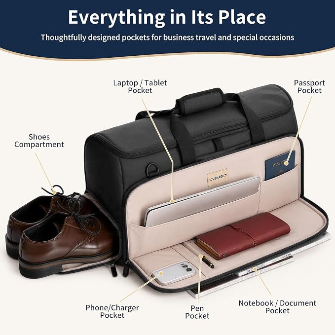 VERAGE Garment Duffel Bag, Carry-On Suit Travel Bag, 45L | Fits 2–4 day trips, fully enclosed one-zip design, wrinkle-free packing, shoe compartment, detachable toiletry kit - Image 4