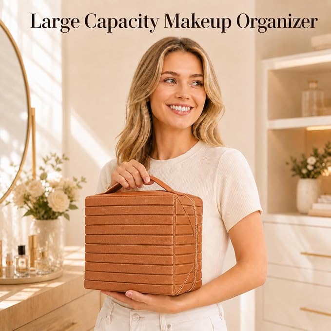 Travel Makeup Organizer Bag for Women, Fold Down Large Capacity Makeup Organizer with Compartments, Foldable Lay Flat Waterproof Cosmetic Toiletry Bag for Brushes, Skincare and Travel, Chocolate - Image 7