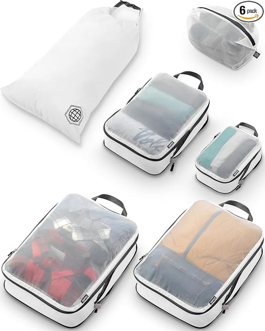 Large Packing Cube Set with See Through Mesh- Compression Packing Cubes Travel Organizers by TRIPPED Travel Gear (White) by TRIPPEDTravelGear