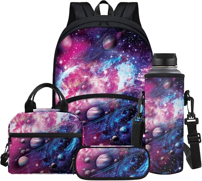 Kids Western Backpack Purple Nebula Planet Print 4pcs School Bag Set for Boys Girls, Bookbag with Insulated Thermal Cooler Lunch Box + Pencil Pen Case + Water Bottle Sleeve by Glomenade
