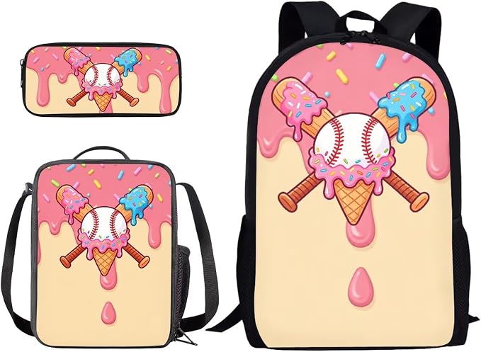 Baseball Drip Ice Cream Print Reusable School Bookbag Set for Boys and Girls, Lightweight Large Backpack Set with Insulated Lunch Bag Pen Case, Durable Knapsack Set for School, Pink Beige by PCSJRKG
