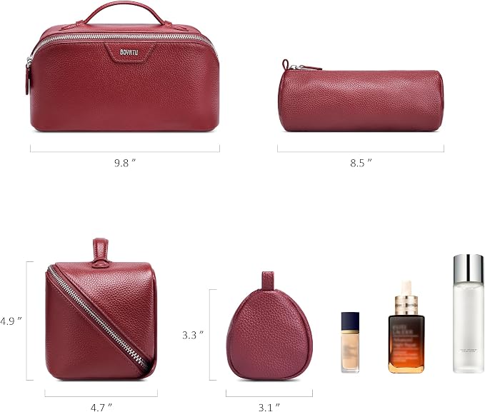 BOYATU Genuine Leather Travel Makeup Bag: Large Capacity 3 Pcs Set Cosmetic Bags for Women - Designer Waterproof Hand-made for Toiletry Organizer - Ladies Travel Essentials for Elegance (06Burgundy) - Image 4