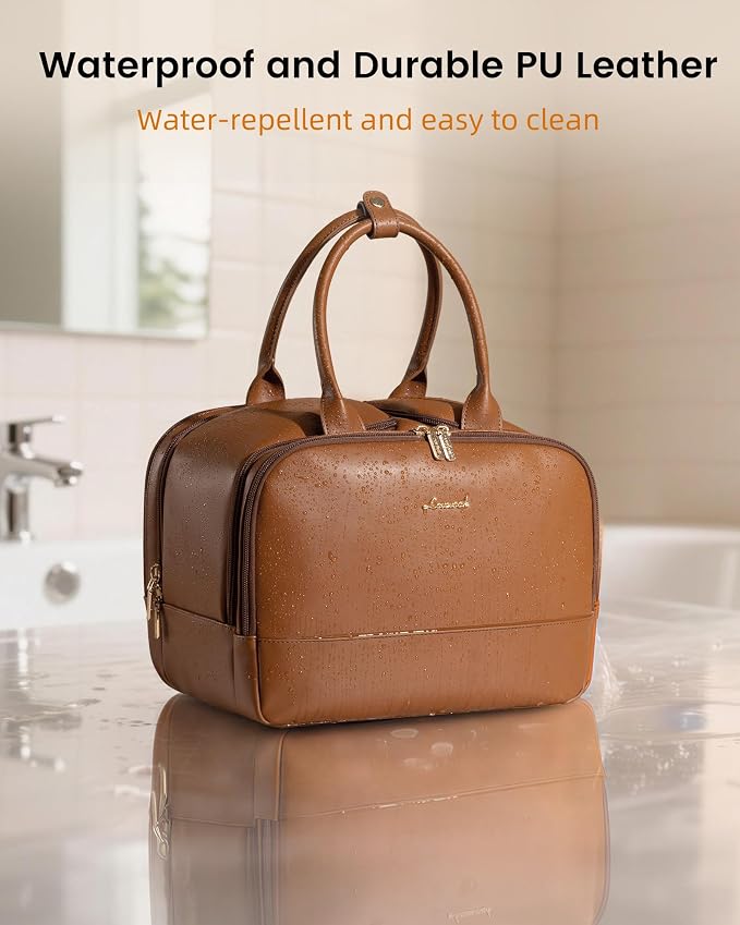 LOVEVOOK Travel Toiletry Bag for women, Leather Large Wide-open Makeup Bag, Waterproof Cosmetic Bag Organizer for Shower, Traveling, Toiletries, Bathroom - Image 5