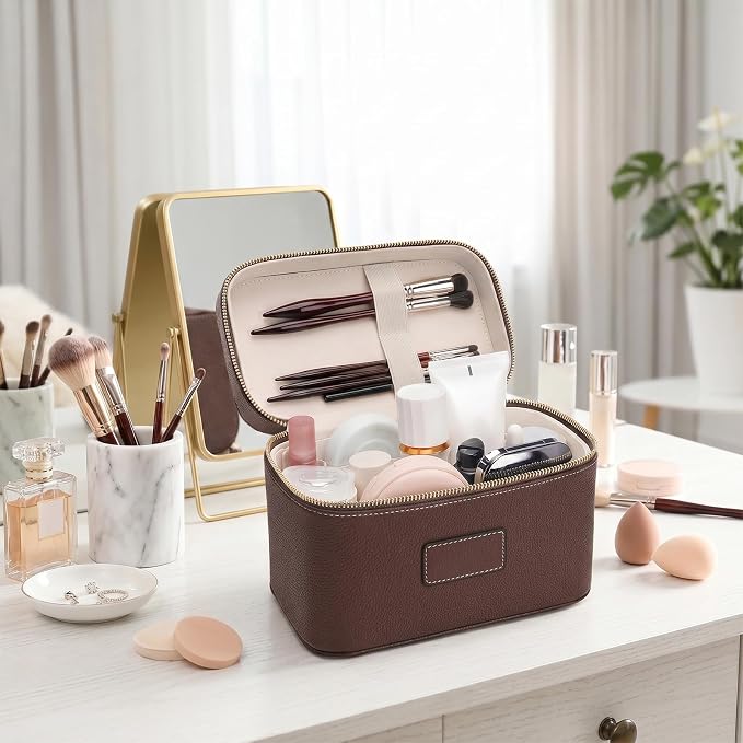Makeup Case for Women, Leather Makeup Bag Cosmetic Case with Removable Divider, Large Capacity Waterproof Portable Travel Toiletry Make up Organizer Case - Image 6