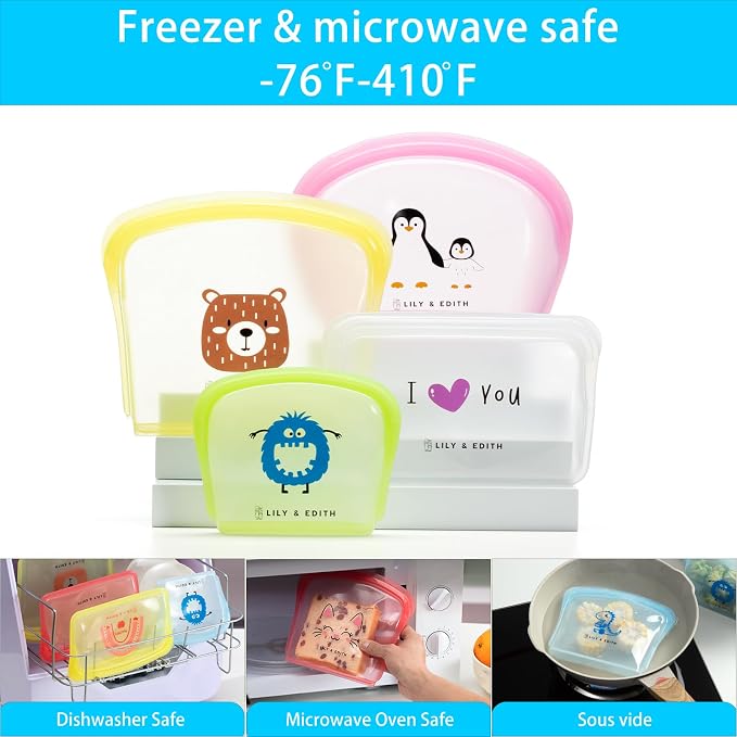 LILY & EDITH Monster Silicone Reusable Snack Sandwich Lunch Food Bag Gift Sets, Leakproof, Airtight, Dishwasher & Microwave & Freezer Safe, Portable,Multipurpose, Adults (White, 5 Pack) - Image 7