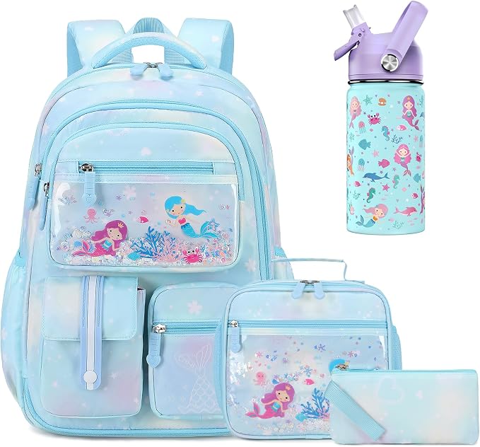 ACESAK Kids School Backpack for Girls, Mermaids Bookbag Backpack with 14OZ Water Bottle, Lunch Bag Set for GirlsTeens Middle Student, Girls Backpacks for School (Blue) by ACESAK