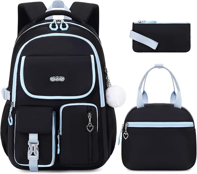 DIGOBAY Backpacks for Girls, 3PCS School Backpack with Lunch Box Pencil Pouch for Teen Girls Kids Elementary Primary Middle High College Travel School bag Bookbag Set （Black Blue） by DIGOBAY