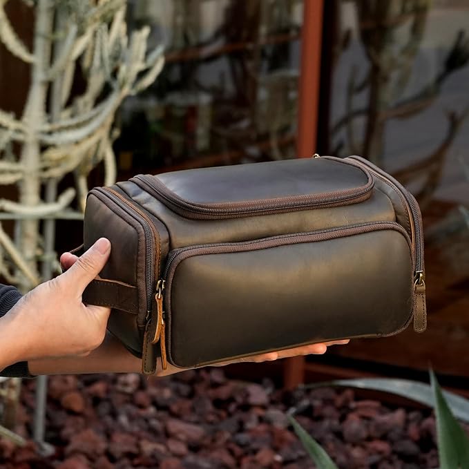 Polare Full Grain Leather Toiletry Bag Travel Dopp Kit Makeup Cosmetic Organizer Shaving Kit Wash Case with Hanging Hook (B-Dark Brown) - Image 7