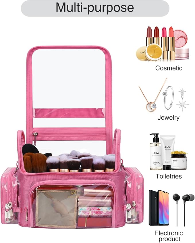 NAONAYA Pink Makeup Brush Bag, Large Makeup Brush Holder Professional Makeup Artist Travel Case Clear Waterproof Cosmetic Organizer Bag, Full Open Easy to Access, with Adjustable Strap and Dividers - Image 3