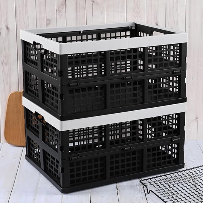 2-Pack 34 L Plastic Collapsible Storage Crates, Stackable Basket Bin | Foldable Milk Crate - Image 3
