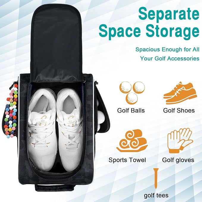 Wolt |Golf Shoe Bag for Travel- Zippered Shoes Carrier Bags with Ventilation & Double Outside Accessory Pocket for Socks, Tees, Golf Balls, Etc. for Women and Men (CamoBlack) - Image 4