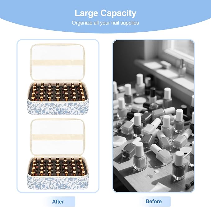 Relavel Nail Polish Organizer, Nail Bag Holds 80 to 100+ Bottles (15ml/0.5fl.oz) Nail Lamp, Nail Supplies Kit Gels Polish Storage Case with 2 Removable Pouches for Manicure Nail Tech Gifts (Floral) - Image 5