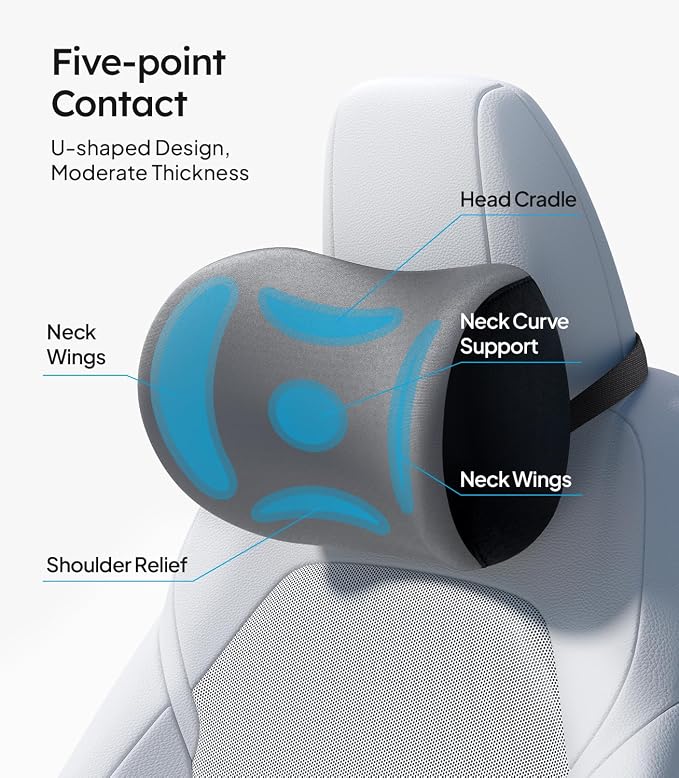 Wigoo Soft Car Neck Pillow with Adjustable Strap, Gray, 2-Pack | Extra Strap| Memory Foam| Universal Fit - Image 4