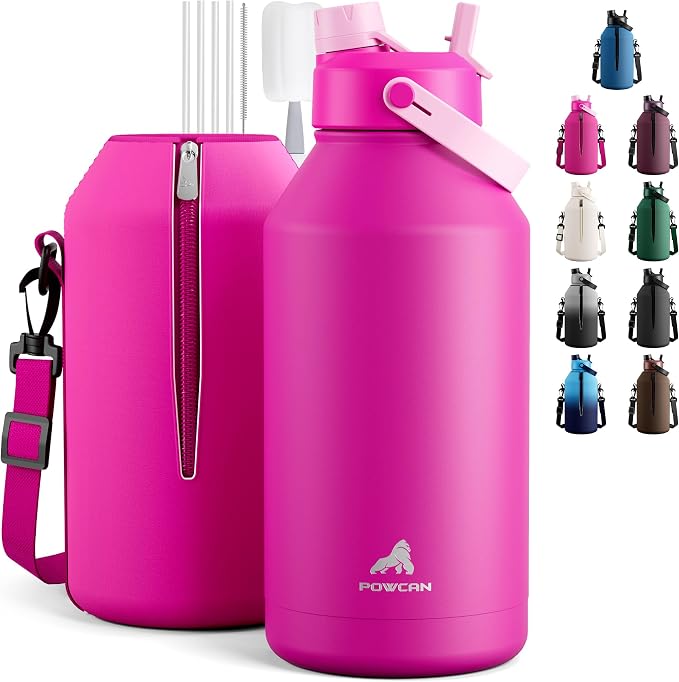 POWCAN 64 oz Insulated Metal Water Bottle for Women: 2-in-1 Straw & Spout Lid, Keep Cold 48H, Leakproof, Carrier Bag, Half Gallon Stainless Steel Water Bottle for Sports, Travel, and Fitness (Peony) by POWCAN
