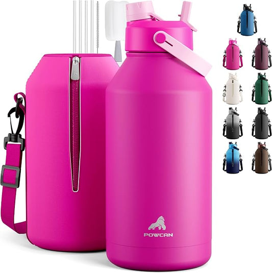 POWCAN 64 oz Insulated Metal Water Bottle for Women: 2-in-1 Straw & Spout Lid, Keep Cold 48H, Leakproof, Carrier Bag, Half Gallon Stainless Steel Water Bottle for Sports, Travel, and Fitness (Peony) by POWCAN