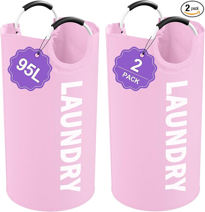 2Pcs Foldable Pink Laundry Basket for Family, 95L Portable Laundry Baskets with Aluminum Handles, Multi-functional Dirty Clothes Hampers for Dorm, Travel, Pink by IHOMAGIC