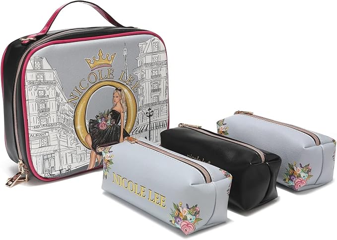 Nicole Lee Travel Handbag Crossbody Set with 3 Fashion Print Makeup Pouches, Women's Cosmetic Toiletry Organizer (Dreaming the City) by NicoleLee
