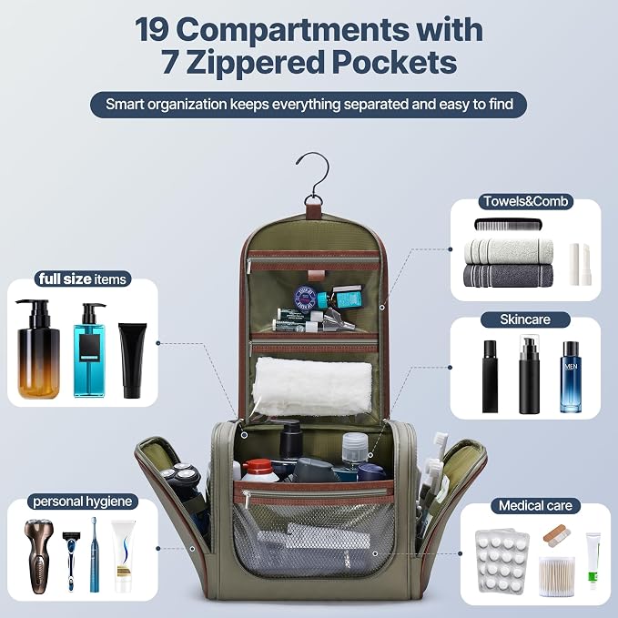 ZAHNI Men’s Hanging Toiletry Bag, Large Capacity Toiletry Organizer | Water-Resistant Toiletry Bag With 360° Hook, Multiple Compartments For Grooming & Shaving, Ideal For Travel & Business, Green - Image 3