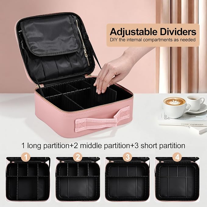 Travel Makeup Bag with Brush Holder, Professional Cosmetic Train Case Organizer for Women, Portable Travel Makeup Brush Carry Case Cosmetic Artist Storage Box with Adjustable Dividers, Leather Pink - Image 4