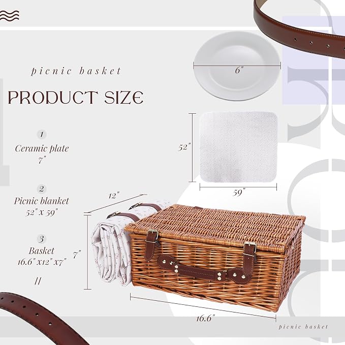 Picnic Baskets Wicker Willow Picnic Set for 4 Persons with Insulated Cooler Bag and White Floral Waterproof Picnic Blanket Gift for Christmas Thanksgiving Wedding Birthday Camp Outdoor Beach Travel - Image 5