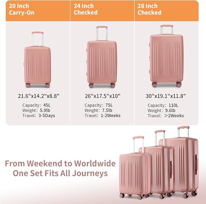 Kono Expandable Luggage 3 Piece Set Hardshell Lightweight 20in 24in 28in Carry On Suitcase with Spinner Wheels TSA Lock(Nude/Rose Gold) - Image 6