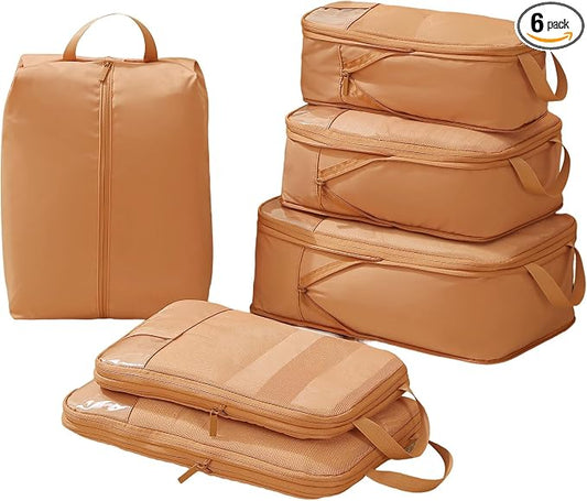 Compression Packing Cubes for Travel - Double Zipper Luggage Organizer Bags for Suitcases (6-Pack, Mocha) by OKAKA