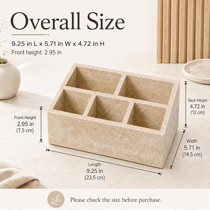 Travertine 5-Compartment Desk Organizer, Beige | Natural travertine with 5 compartments for pens, makeup brushes, skincare bottles, office supplies and vanity items - Image 6