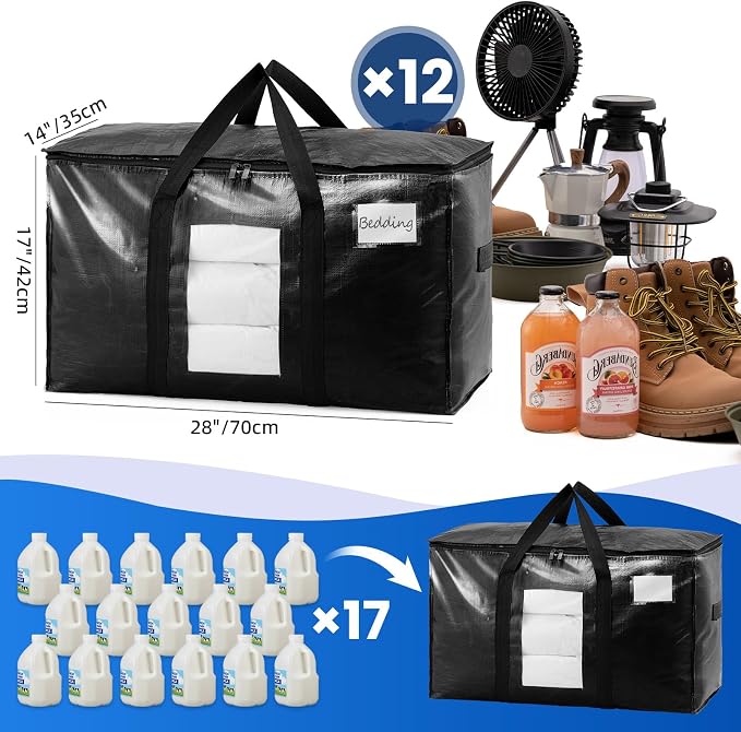 TAILI Extra Large Moving Bags, 12 Pack Black Heavy Duty Totes For Storage with Visible Window, Wrap Around Handles, Storage Bags for Space Saving, Alternative to Moving Boxes - Image 6