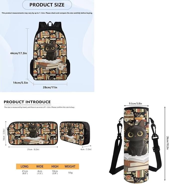 Kids Cat Books Bagpack Set with Leakproof Lunch Bag Pencil Pouch Water Bottle Organizer, Double Zipper Large Capacity Travel Book Bag Rucksack for Girls - Image 7