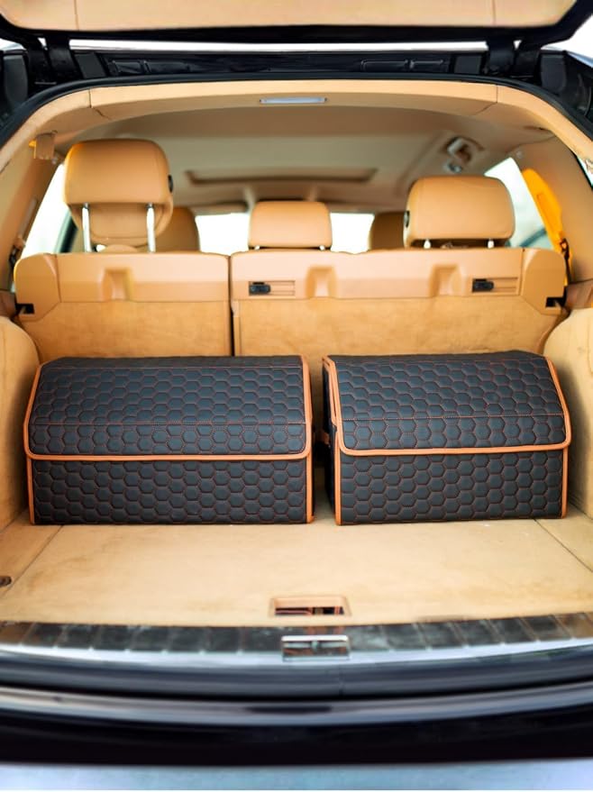 Owleys Rear Cargo Organizer For SUV | Set Of 17.7" & 21.6" Eco-Leather Crates | Foldable Car Storage With Magnetic Lids | Durable Car Trash Bin & Tote | Stylish Gifts For Boyfriend | Black-Brown - Image 2
