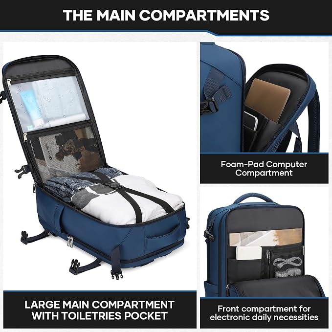 Maelstrom Travel Backpack for Men Women, 35L Carry on Backpack for Traveling on Airplane,with Belt Bag&Shoe Compartment,Waterproof Laptop Backpack fit 17”Laptop-Navy Blue, Large - Image 4