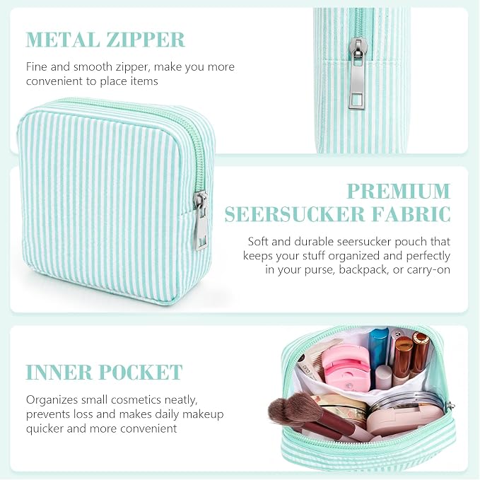 Giesiery 8 Pcs Seersucker Makeup Bags Striped Cosmetic Bags Bulk Organizer for Women Preppy Travel Toiletry Pouch for Wedding Bridesmaid Gifts (Lakeblue, Mini) - Image 5