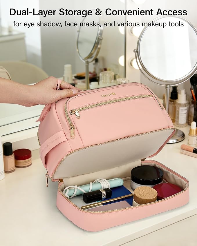 Hanke Travel Toiletry Bag, Lightweight Wide-open Makeup Bag, Dual-Layer Travel Bag for Toiletries Water-Resistant Cosmetic Bags Large Toiletry Bags for Women & Men, Travel Essentials, Pink - Image 6