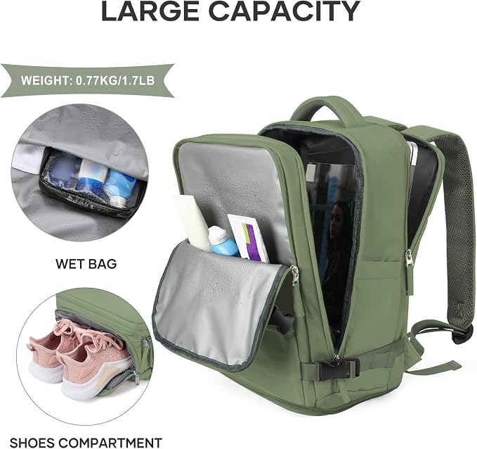 coowoz Travel Backpack For Women Men,Carry On Backpack,Hiking Backpack Waterproof Outdoor Sports Rucksack Casual Daypack travel essentials（Gray Green） - Image 5