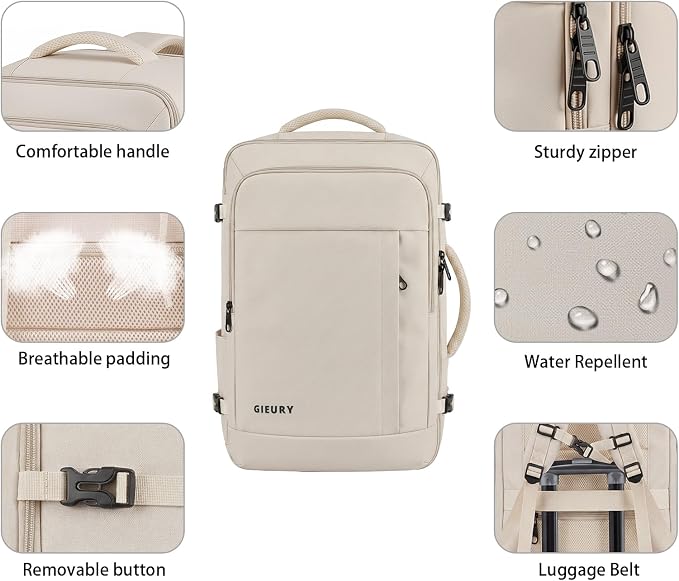 Gieury Travel Backpack, Extra Large 50L Expandable Backpack for Men Women, Carry On Backpack For Airplanes, Travel Essentials Luggage Suitcase Daypack Travel Gift Weekender Bag, Beige - Image 2