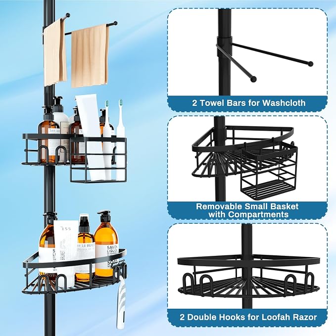 cutefafa Rustproof Corner Shower Caddy Freestanding Tension Pole, 4 Large Baskets for Bathtub Shampoo Storage Organizer Bathroom Height Adjustable Shelves from 23.6 to 114.5 Inch with Towel Bar - Image 3