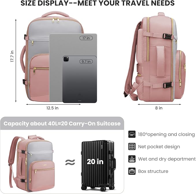 YAMTION 40L Large Travel Backpack for Women,Carry On Bookbag Luggage Sets with 4 Packing Cubes, Airline Approved Weekender Backpacks for Personal Items fits 17 Inch Laptop - Image 8