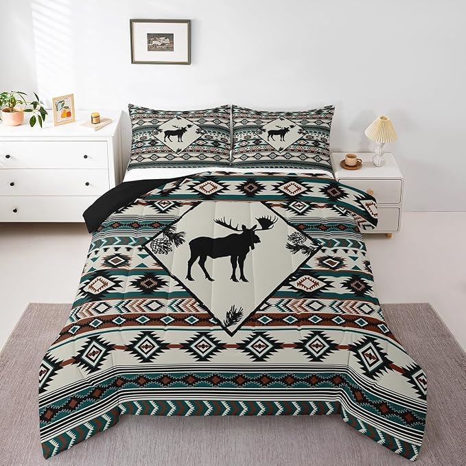 Erosebridal Rustic Moose Comforter Set for Cabin Lodge Southwest Bedding Set Aztec Geometric Tribal Quilt Farmhouse Hunting Animal Duvet Insert with 1 Pillowcase Lightweight Warm,Twin by Erosebridal