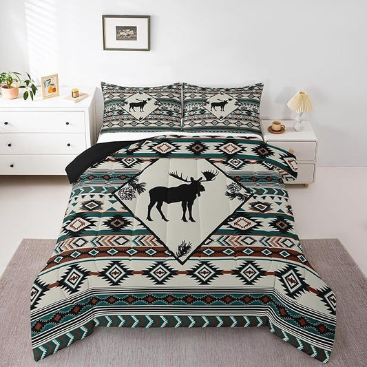 Erosebridal Rustic Moose Comforter Set for Cabin Lodge Southwest Bedding Set Aztec Geometric Tribal Quilt Farmhouse Hunting Animal Duvet Insert with 1 Pillowcase Lightweight Warm,Twin by Erosebridal