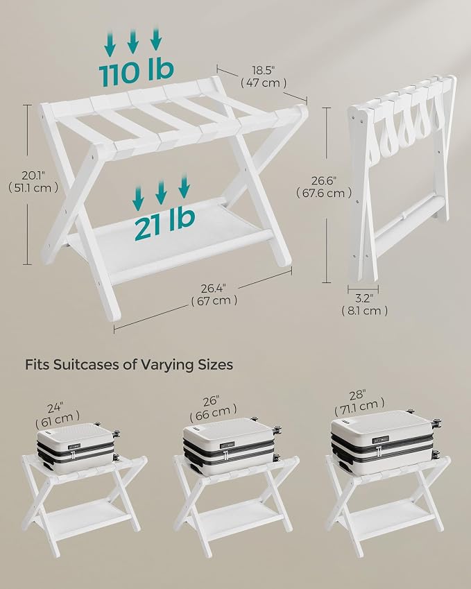 SONGMICS Luggage Rack, Folding Suitcase Stand with Storage Shelf, for Guest Room, Hotel, Bedroom, Heavy-Duty, Holds up to 131 lb, Classic White URLR007W01 - Image 5