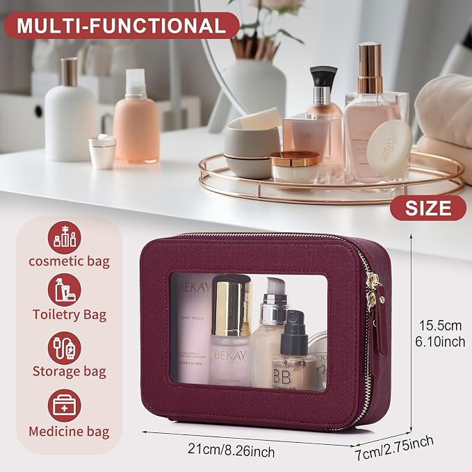 Pinkmik Clear Makeup Bag for Women Waterproof Travel Cosmetics and Toiletries Case Portable Makeup Oaganizer Bag Clear Car Bag with Zipper (X/Burgundy, M) - Image 3
