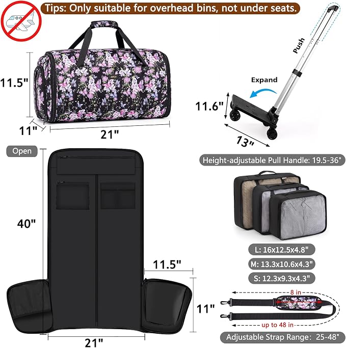 Rolling Garment Bags for Travel - Carry on Convertible Garment Duffle Bags with Wheels for Men Women, 4 in 1 Large Travel Duffel Bags with Shoes Compartment Hanging Suit Dress Weekender Bag 4pcs Set - Image 9
