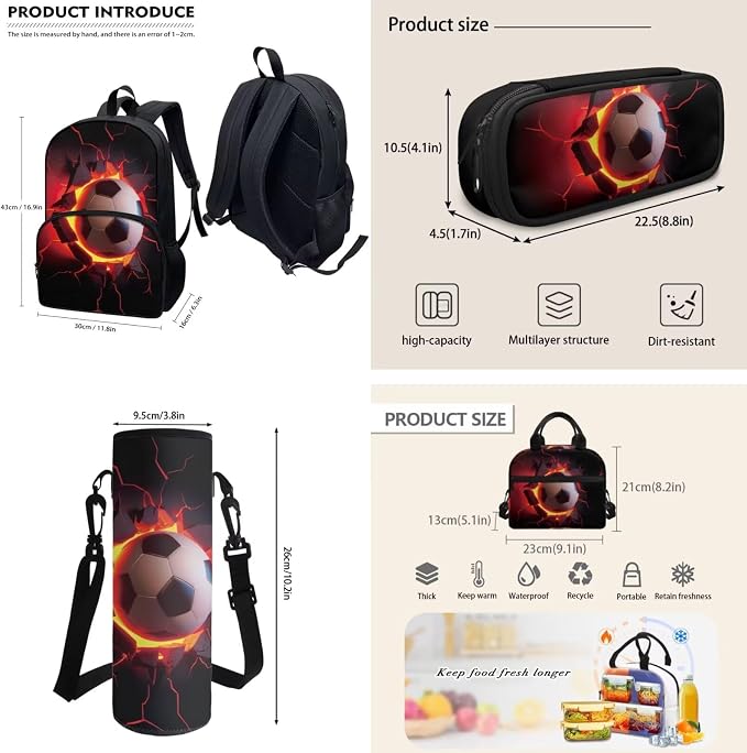 Custom Personalize Boys Backpack Football Backpack Fire Football Bookbag with Insulated Lunch Box Pencil Case Water Bottle Holder Bag 4 Pack Preschool Bookbag with Kids Name - Image 4