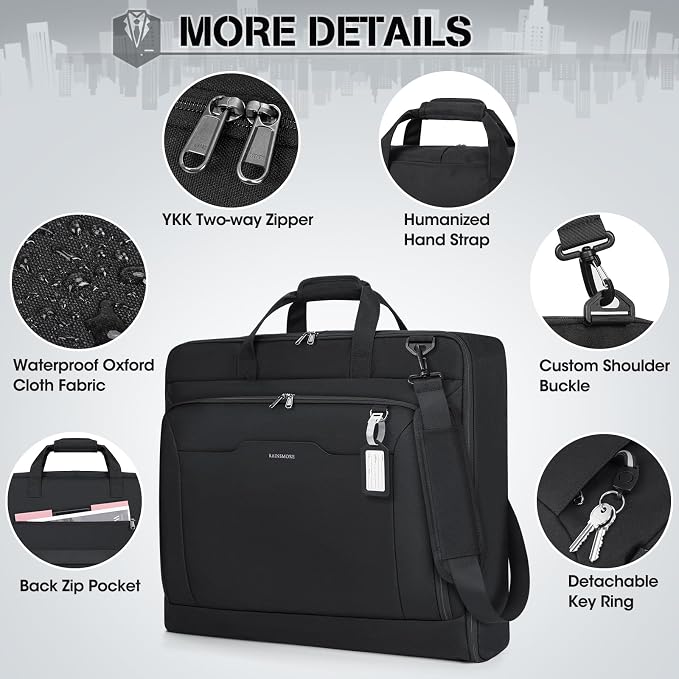 RAINSMORE Garment Bags for Travel Carry On Garment Bag for Hanging Clothes, Suit Bag for Business Trips with Shoes bag & Shoulder Strap, Waterproof Foldable Suit Luggage Bag for Men Women, Black - Image 6